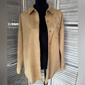 J. Jill Wearever Collection Faux Suede Shirt Jacket Camel Tan Button Front